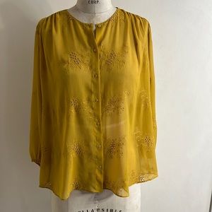 Zara Womens Embroidered Mustard Yellow Button Down Blouse Eyelet Sheer Top